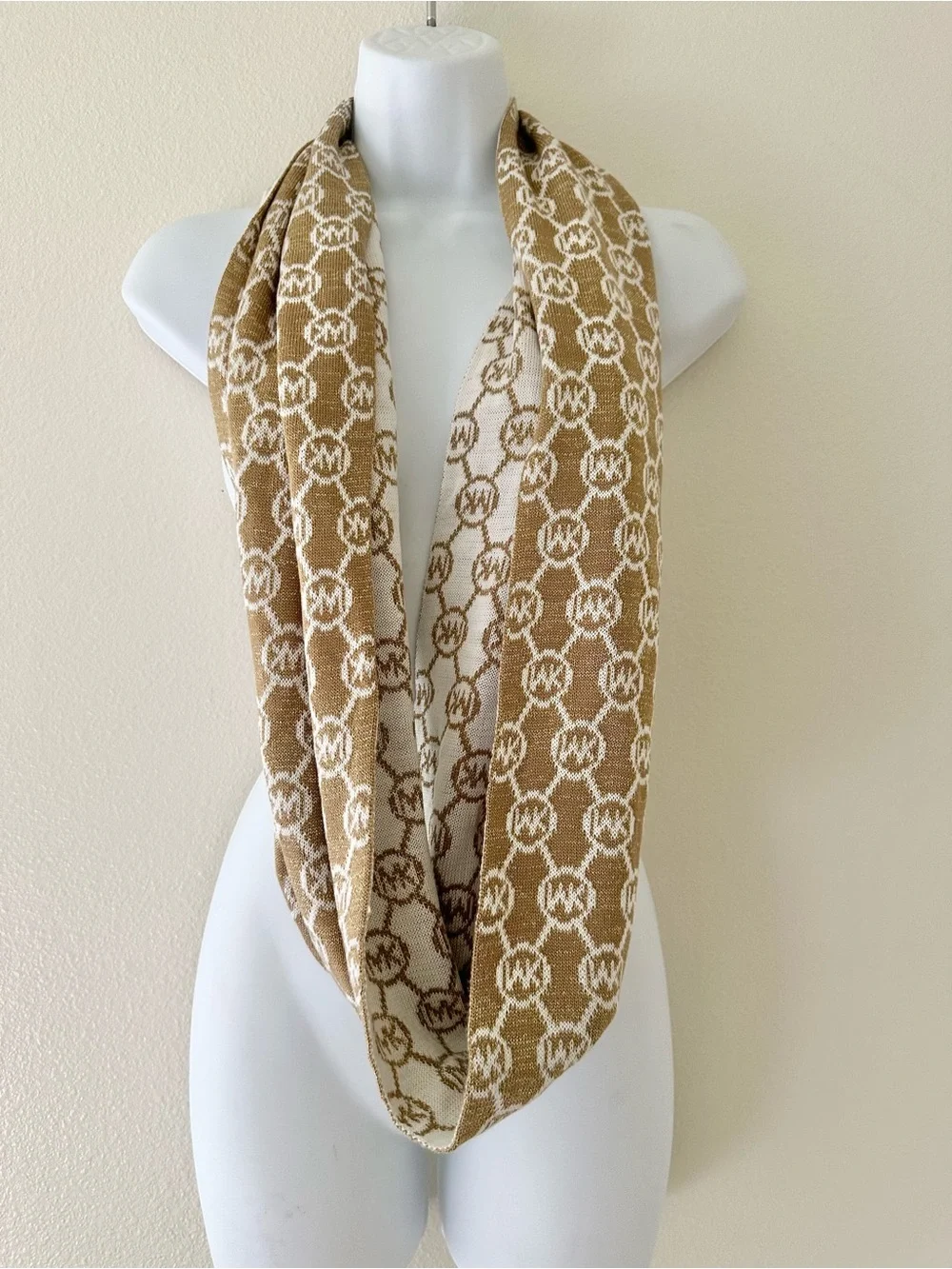 Michael Kors MK Logo Metallic Infinity Scarf Tan Gold Knit